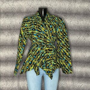 African Stylish Black, Turquoise & Yellow Wrap Women's Top